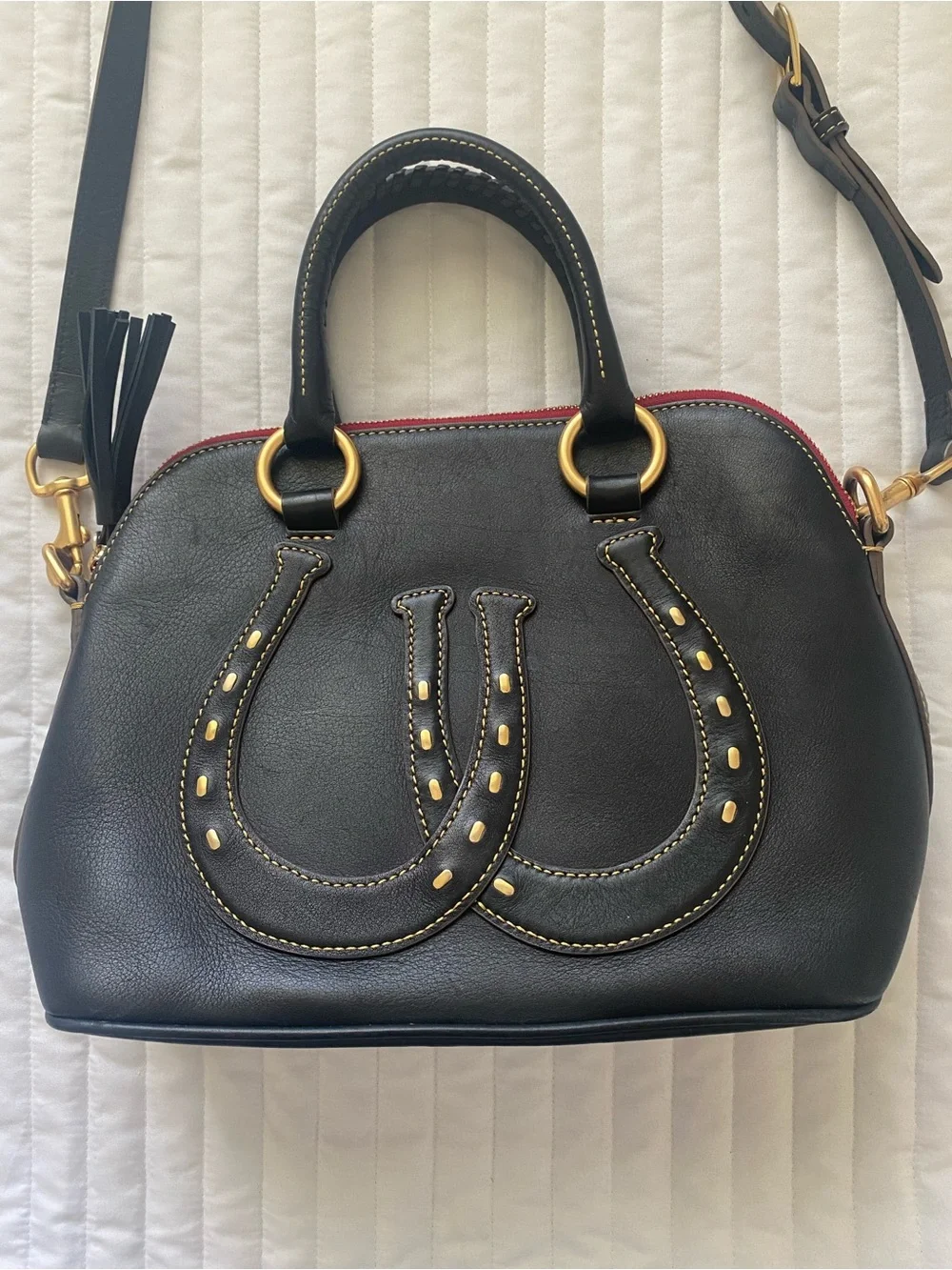Dooney and Bourke Western Double Horseshoe Black Leather Domed Satchel